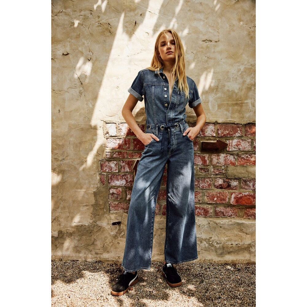 Free People We The Free Edison Wide-Leg Coverall Size Large Blue